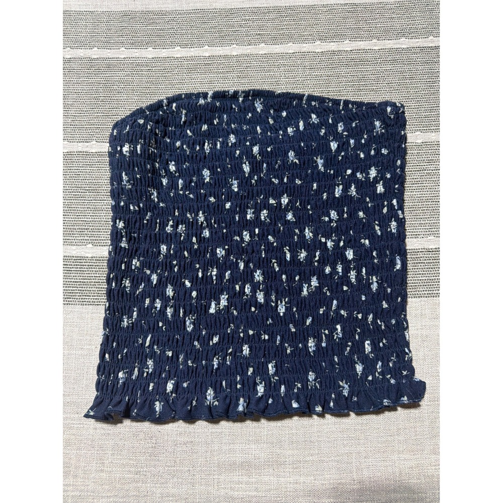 Free for All Womens Small Navy Blue Floral Smocked Tube Top Strapless Ruffle Hem